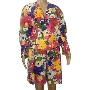 Vintage 90’s Bright Floral Knit Shorts Suit Matching Oversized Jacket Made USA